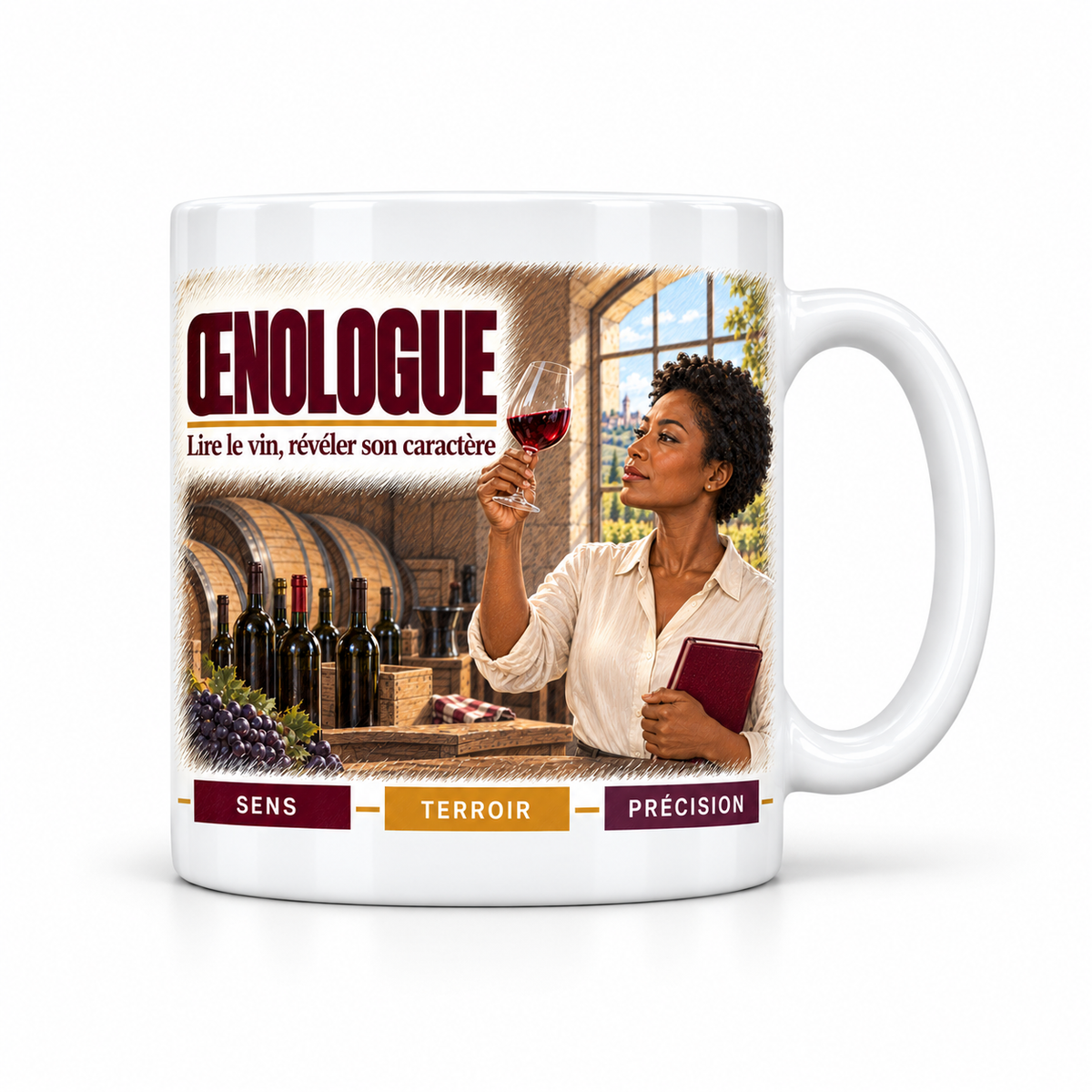 Mug céramique blanc Œnologue Femme : l'œnologue aux cheveux courts, devise Lire le vin, révéler son caractère, cartouches Sens, Terroir, Précision