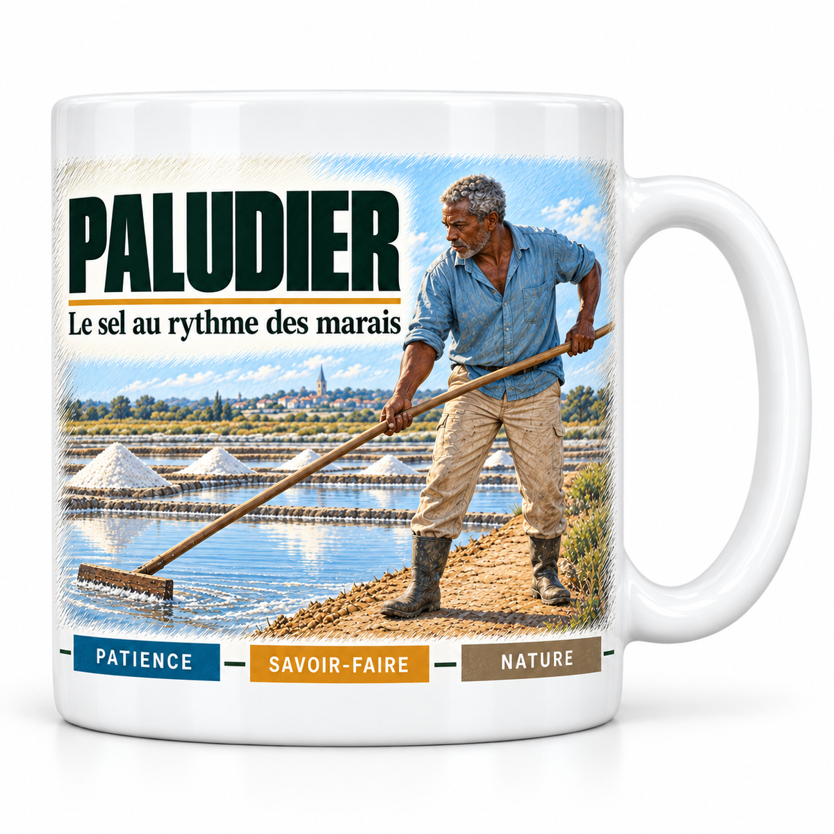 Mug céramique blanc Paludier : le paludier aux cheveux gris, devise Le sel au rythme des marais, cartouches Patience, Savoir-faire, Nature