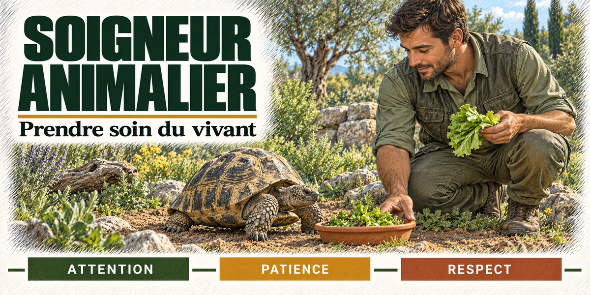 Design du mug Soigneur Animalier : titre en grandes capitales vert sapin, le soigneur animalier brun à la barbe courte, chemise kaki, accroupi devant une tortue terrestre à laquelle il tend des feuilles de salade, la gamelle, la lavande et les oliviers de l'enclos autour de lui, cartouches Attention, Patience, Respect