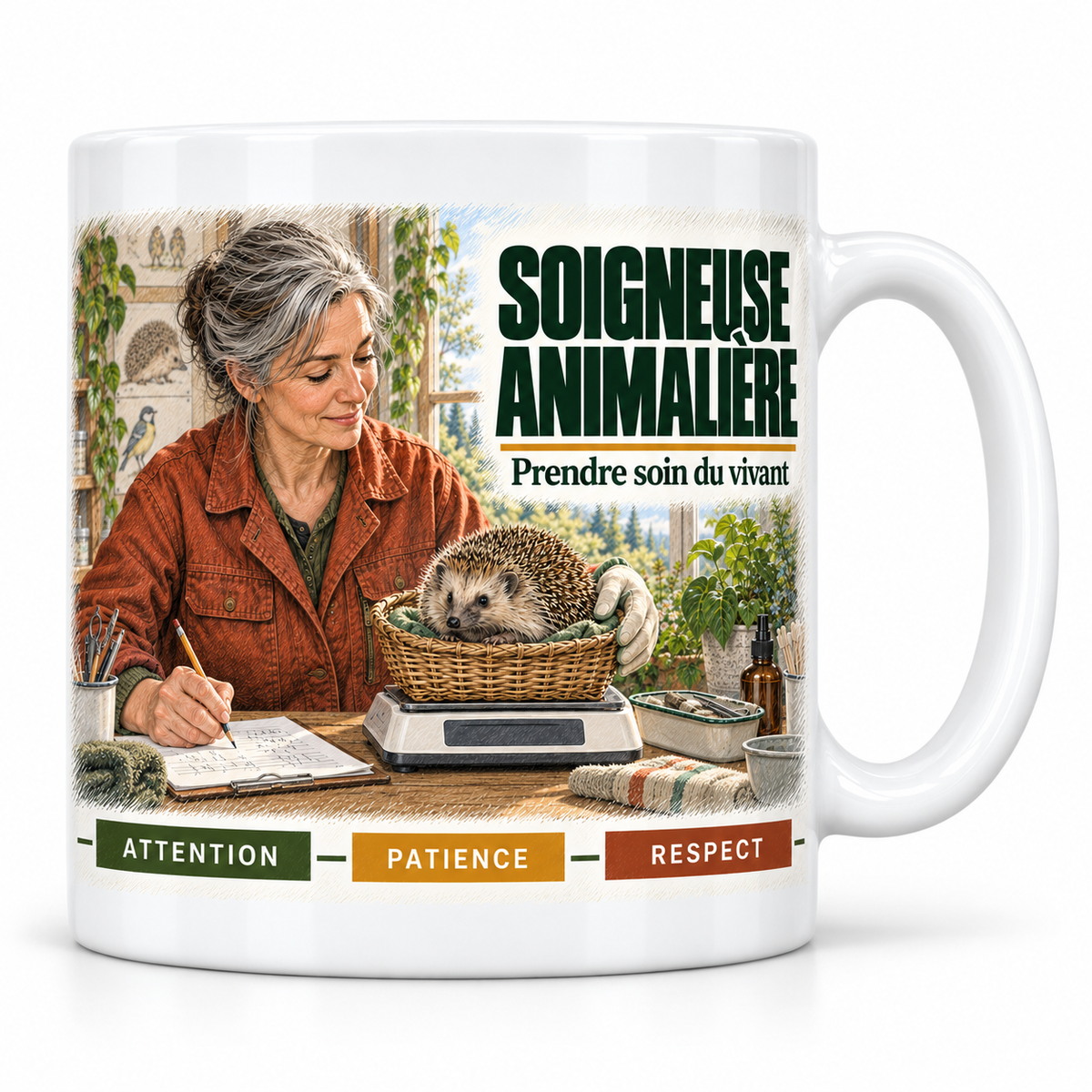Mug céramique blanc Soigneuse Animalière : la soigneuse animalière aux cheveux gris en chignon, devise Prendre soin du vivant, cartouches Attention, Patience, Respect