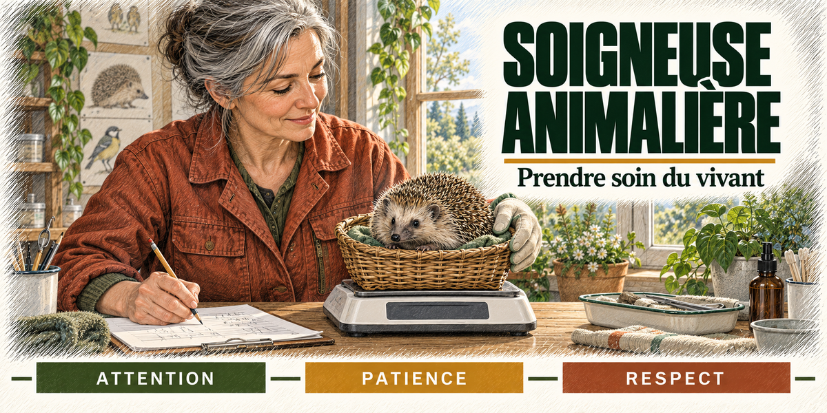 Design du mug Soigneuse Animalière : titre en grandes capitales vert sapin, la soigneuse animalière aux cheveux gris en chignon, veste terracotta, qui pèse un hérisson dans son panier sur la balance et note le chiffre sur son carnet, planches naturalistes, flacon et plantes du centre de soins derrière elle, cartouches Attention, Patience, Respect