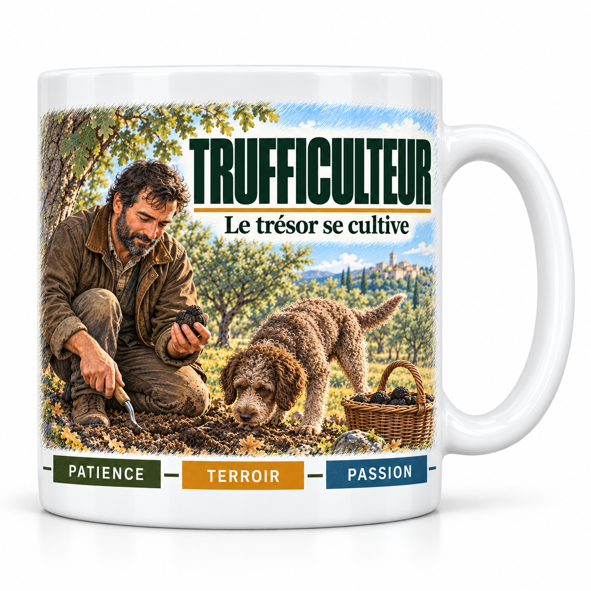Mug céramique blanc Trufficulteur : le trufficulteur brun à la barbe, devise Le trésor se cultive, cartouches Patience, Terroir, Passion