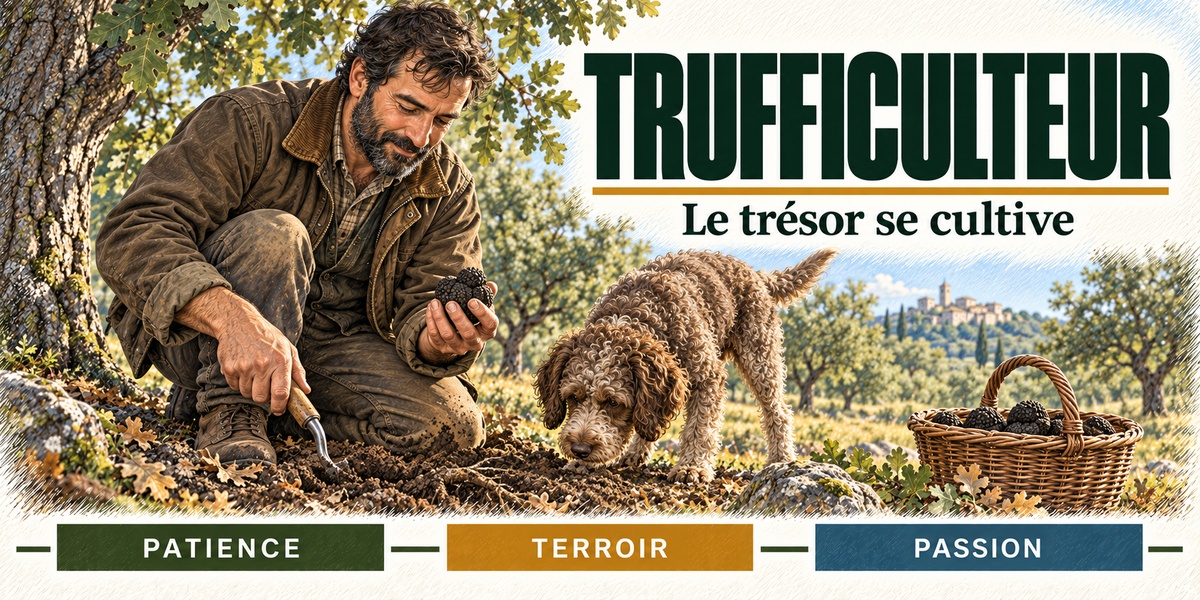 Design du mug Trufficulteur : titre en grandes capitales vert sapin, le trufficulteur brun à la barbe, veste marron, accroupi sous les chênes avec une truffe noire dans la main, son chien truffier au poil frisé qui gratte les feuilles mortes, le panier de truffes et le village perché derrière lui, cartouches Patience, Terroir, Passion