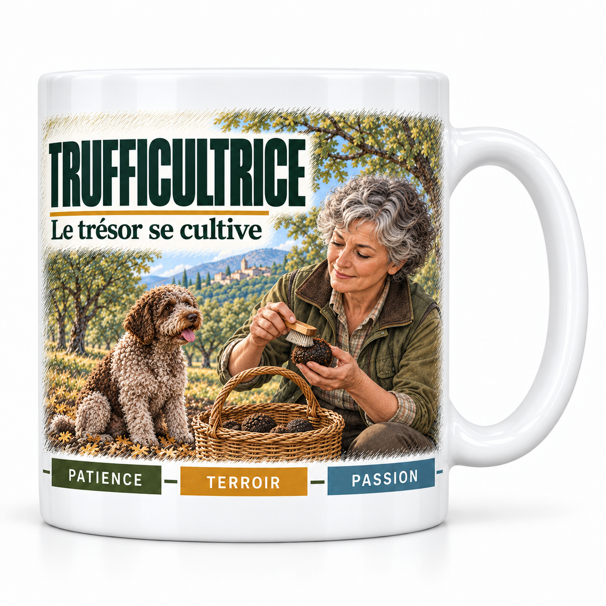 Mug céramique blanc Trufficultrice : la trufficultrice aux cheveux gris, devise Le trésor se cultive, cartouches Patience, Terroir, Passion