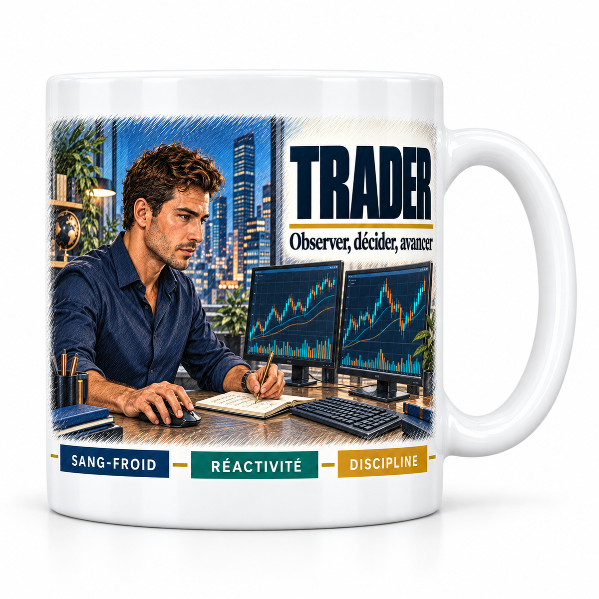 Mug céramique blanc Trader : le trader brun en chemise bleu marine, devise Observer, décider, avancer, cartouches Sang-froid, Réactivité, Discipline
