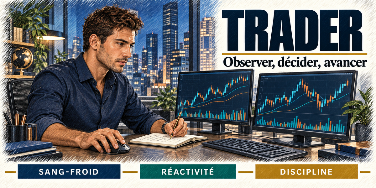 Design du mug Trader : titre en grandes capitales bleu nuit, le trader brun en chemise bleu marine, stylo sur son carnet, devant deux écrans de chandeliers japonais et d'histogrammes, le clavier, le globe et les gratte-ciel de nuit par la baie vitrée, cartouches Sang-froid, Réactivité, Discipline