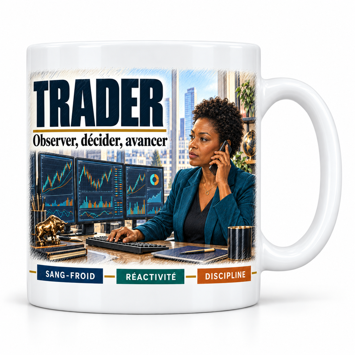 Mug céramique blanc Trader Femme : la trader aux cheveux courts bouclés, devise Observer, décider, avancer, cartouches Sang-froid, Réactivité, Discipline