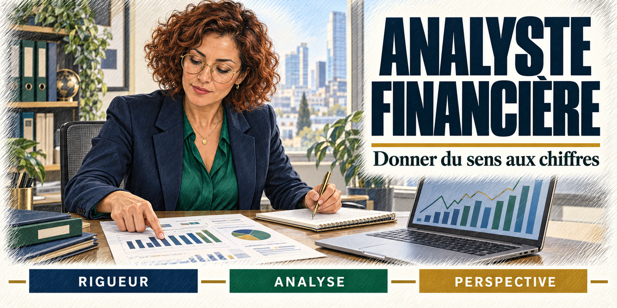 Design du mug Analyste Financière : titre en grandes capitales bleu nuit, l'analyste financière rousse aux boucles et à lunettes, blazer noir sur chemisier vert, stylo et carnet en main, documents de graphiques étalés et ordinateur portable affichant une courbe, les gratte-ciel par la fenêtre, cartouches Rigueur, Analyse, Perspective
