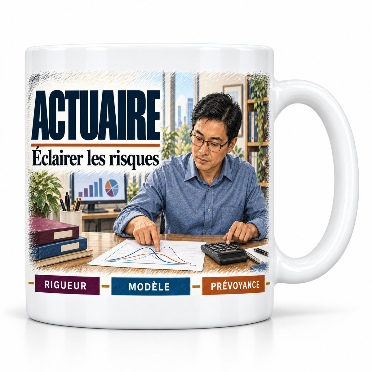 Mug céramique blanc Actuaire : l'actuaire à lunettes, devise Éclairer les risques, cartouches Rigueur, Modèle, Prévoyance