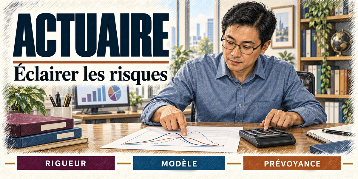 Design du mug Actuaire : titre en grandes capitales bleu nuit, l'actuaire à lunettes, chemise bleu jean, le doigt sur une courbe de probabilité imprimée, calculatrice et classeurs sur le bureau, un écran d'histogramme et de camembert, le globe et la ville par la fenêtre, cartouches Rigueur, Modèle, Prévoyance