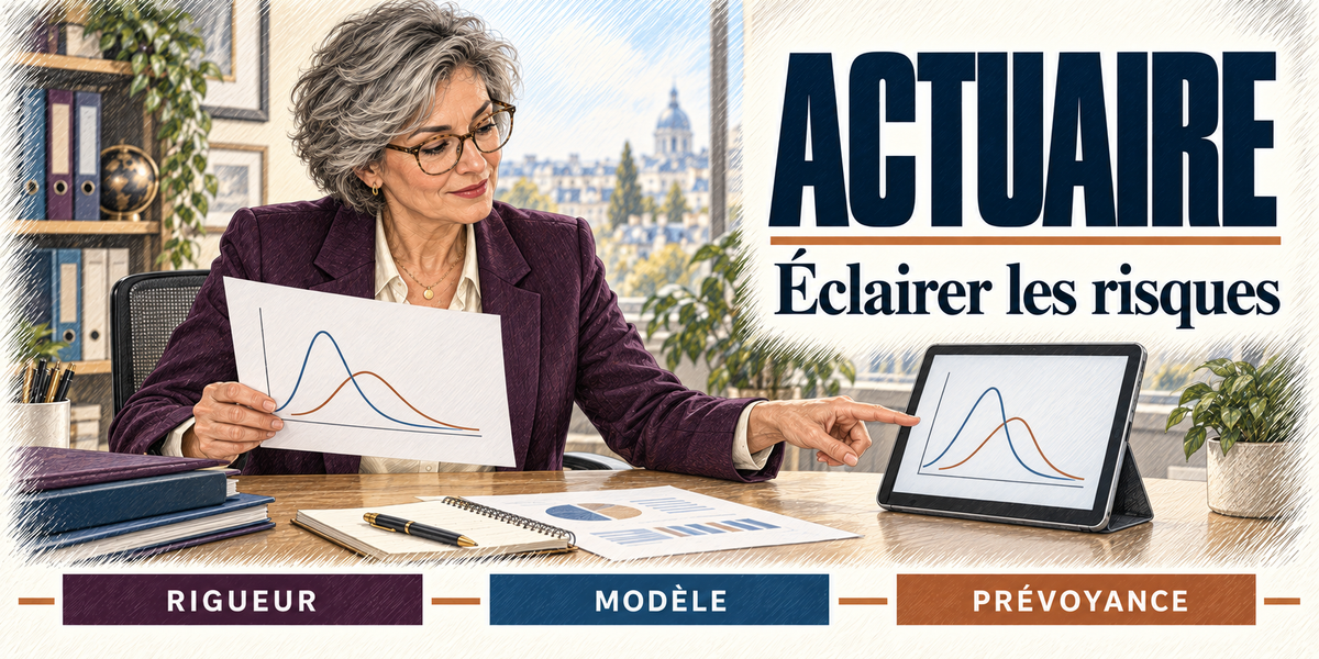 Design du mug Actuaire Femme : titre en grandes capitales bleu nuit, l'actuaire aux cheveux gris et à lunettes, blazer prune, une feuille de courbes en cloche dans une main, l'autre pointant la tablette qui affiche la même courbe, carnet et classeurs, un dôme de la ville par la fenêtre, cartouches Rigueur, Modèle, Prévoyance