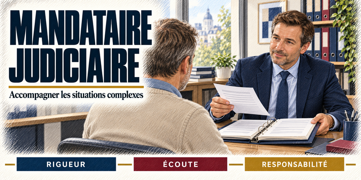 Design du mug Mandataire Judiciaire : titre en grandes capitales bleu nuit, le mandataire judiciaire brun en costume bleu et cravate, qui tend un document à un homme de dos en pull beige, classeur ouvert et dossiers sur le bureau, bibliothèque et dôme de la ville par la fenêtre, cartouches Rigueur, Écoute, Responsabilité