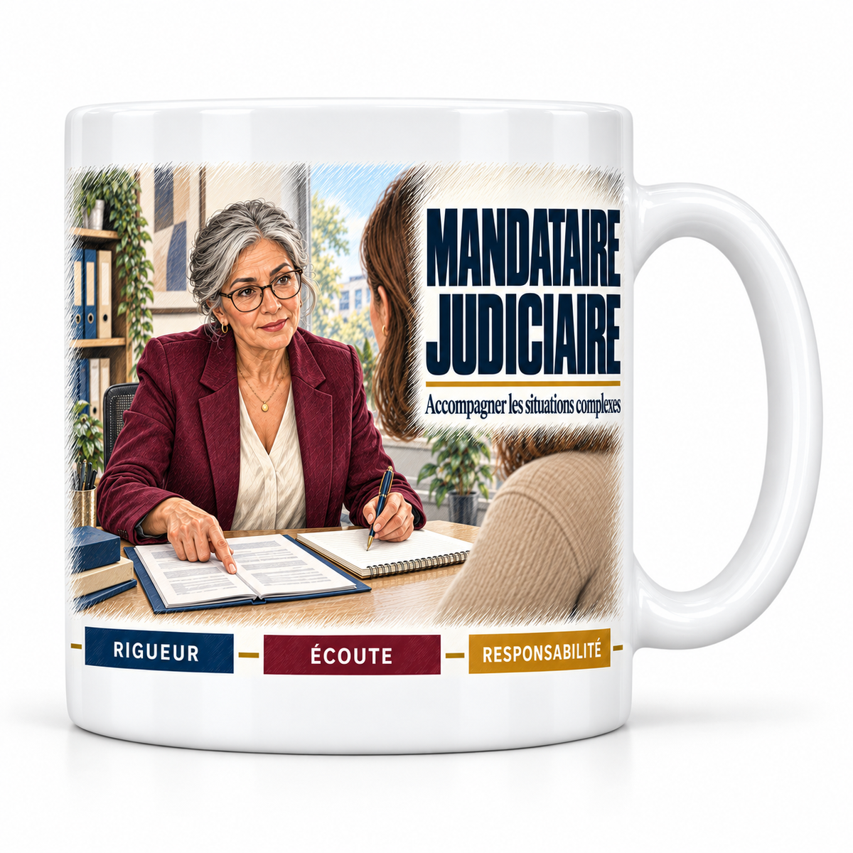 Mug céramique blanc Mandataire Judiciaire Femme : la mandataire judiciaire aux cheveux gris et à lunettes, devise Accompagner les situations complexes, cartouches Rigueur, Écoute, Responsabilité