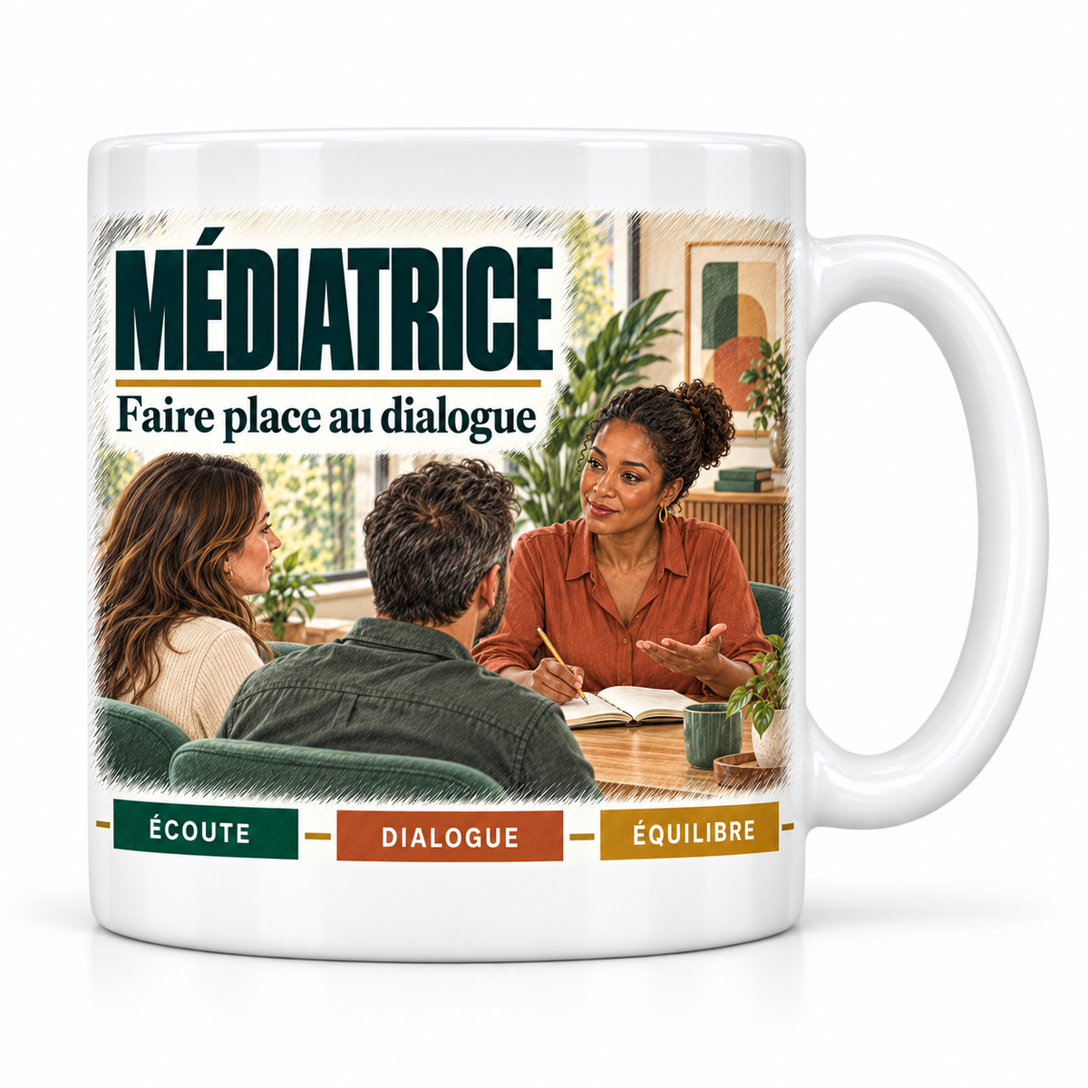 Mug céramique blanc Médiatrice : la médiatrice au chignon, devise Faire place au dialogue, cartouches Écoute, Dialogue, Équilibre