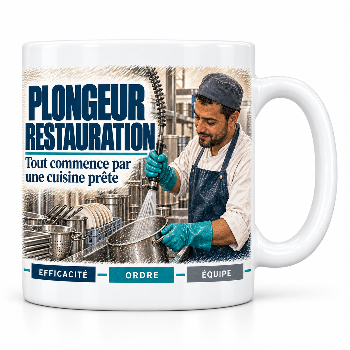 Mug céramique blanc Plongeur en restauration : le plongeur en calotte, tablier et gants turquoise à la douchette, devise Tout commence par une cuisine prête, cartouches Efficacité, Ordre, Équipe