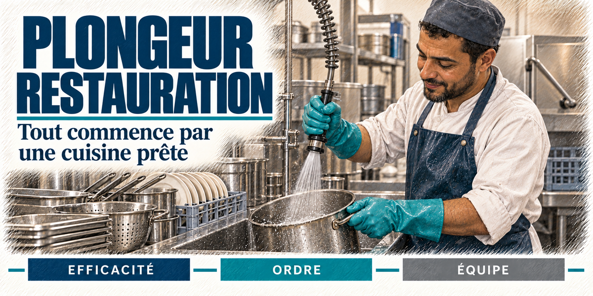 Design du mug Plongeur en restauration : titre en grandes capitales bleu ardoise, le plongeur qui rince une grande casserole à la douchette dans le bac en inox, les égouttoirs et la vaisselle propre, cartouches Efficacité, Ordre, Équipe
