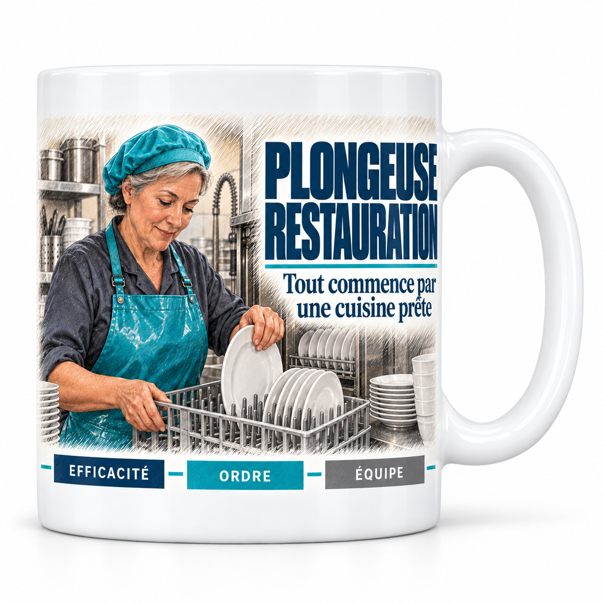 Mug céramique blanc Plongeuse en restauration : la plongeuse en calotte et tablier turquoise qui range les assiettes, devise Tout commence par une cuisine prête, cartouches Efficacité, Ordre, Équipe