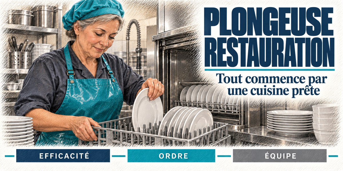 Design du mug Plongeuse en restauration : titre en grandes capitales bleu ardoise, la plongeuse aux cheveux gris qui range les assiettes propres dans le panier du lave-vaisselle professionnel, cartouches Efficacité, Ordre, Équipe