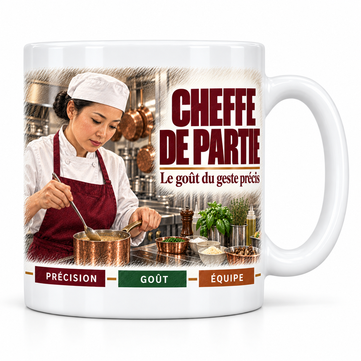 Mug céramique blanc Cheffe de partie : la cheffe de partie en toque et tablier bordeaux qui nappe sa sauce, devise Le goût du geste précis, cartouches Précision, Goût, Équipe