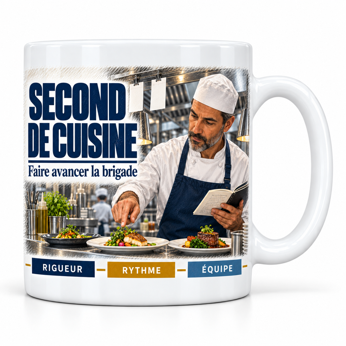 Mug céramique blanc Second de cuisine : le second en toque et tablier bleu marine qui désigne une assiette au passe, devise Faire avancer la brigade, cartouches Rigueur, Rythme, Équipe