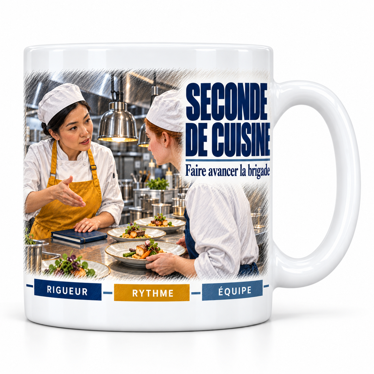 Mug céramique blanc Seconde de cuisine : la seconde en toque et tablier moutarde qui explique un dressage, devise Faire avancer la brigade, cartouches Rigueur, Rythme, Équipe