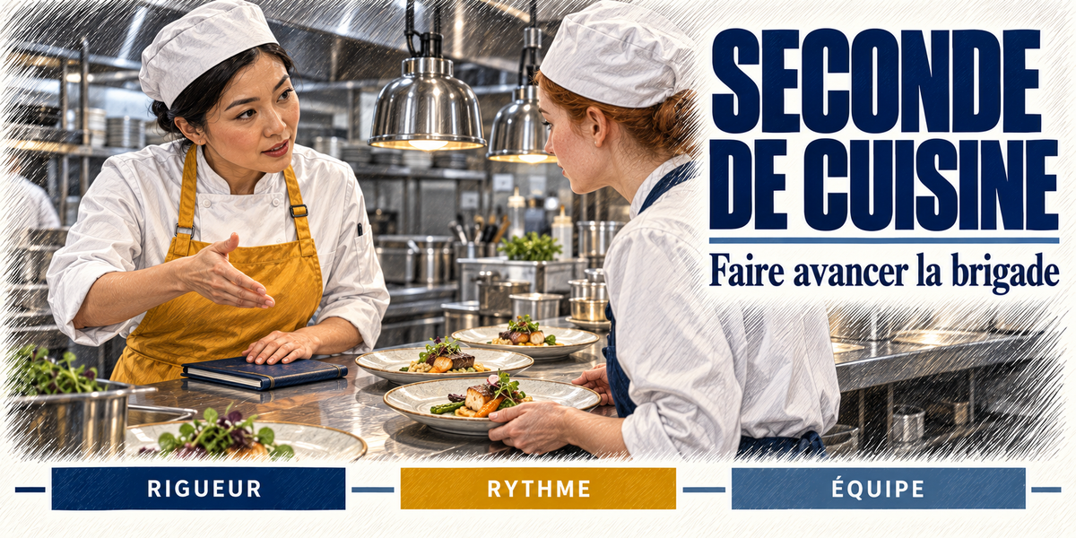 Design du mug Seconde de cuisine : titre en grandes capitales bleu marine, la seconde de cuisine qui explique un dressage à une jeune cuisinière devant les assiettes alignées au passe, cartouches Rigueur, Rythme, Équipe