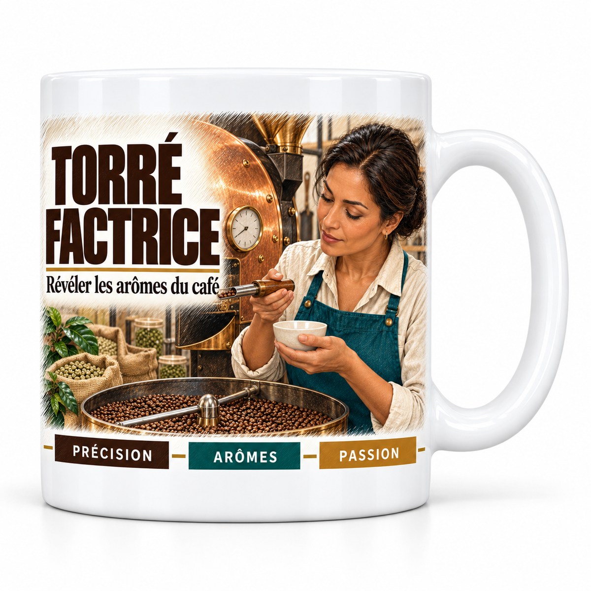 Mug céramique blanc Torréfactrice : la torréfactrice en tablier bleu canard qui observe les grains dans la sonde, devise Révéler les arômes du café, cartouches Précision, Arômes, Passion