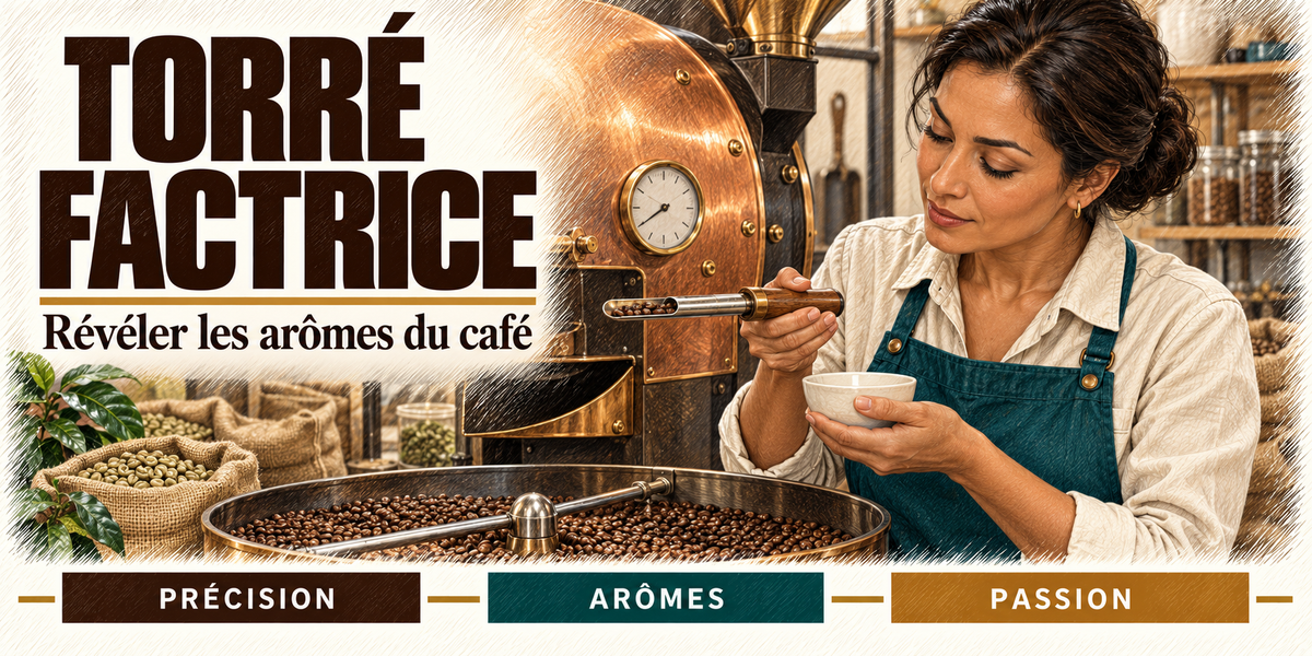 Design du mug Torréfactrice : titre TORRÉ FACTRICE en grandes capitales brun espresso, la torréfactrice qui observe les grains dans la sonde d'échantillonnage devant le tambour en cuivre, cartouches Précision, Arômes, Passion