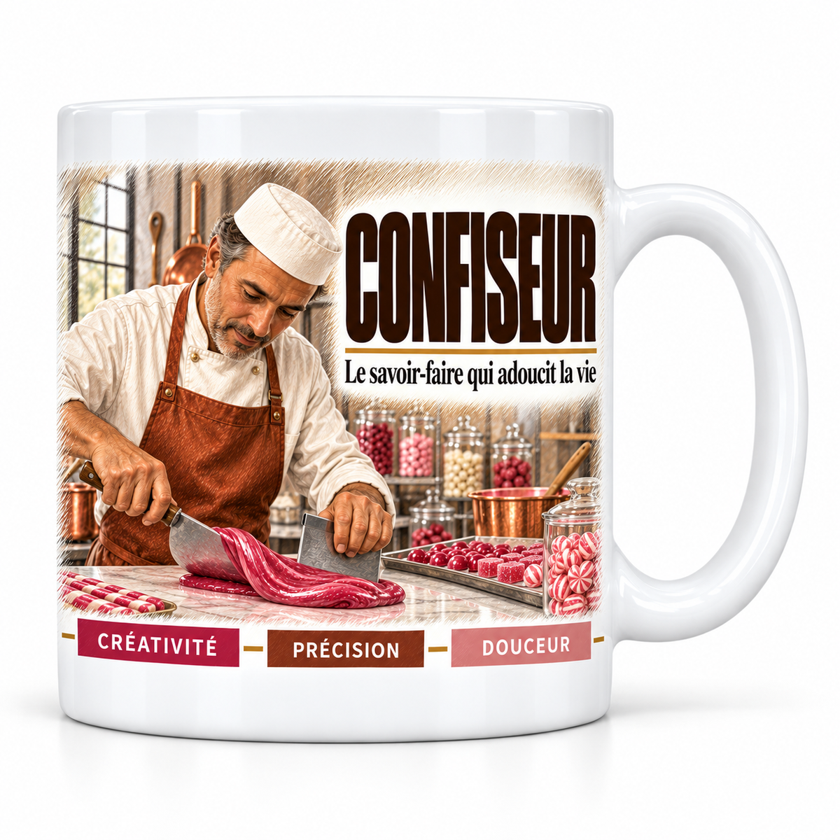 Mug céramique blanc Confiseur : le confiseur en toque et tablier rouille qui taille une bande de sucre rose, devise Le savoir-faire qui adoucit la vie, cartouches Créativité, Précision, Douceur