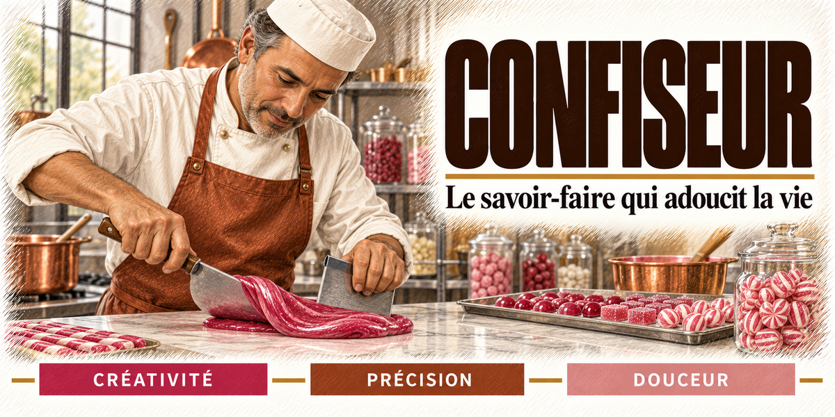 Design du mug Confiseur : titre en grandes capitales brun chocolat, le confiseur qui taille au couteau une bande de sucre tiré sur le marbre, bocaux de bonbons rayés et pâtes de fruits, cartouches Créativité, Précision, Douceur