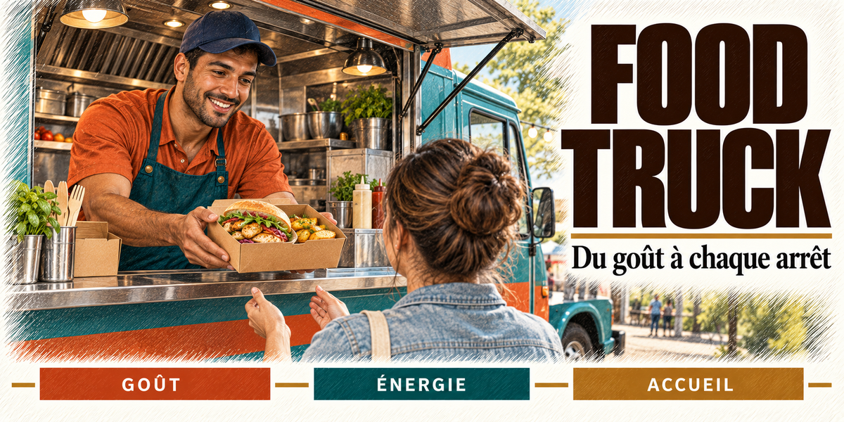 Design du mug Restaurateur food truck : titre FOOD TRUCK en grandes capitales brun chocolat, le restaurateur qui tend une boîte garnie à une cliente par le comptoir du camion bleu et orange, cartouches Goût, Énergie, Accueil