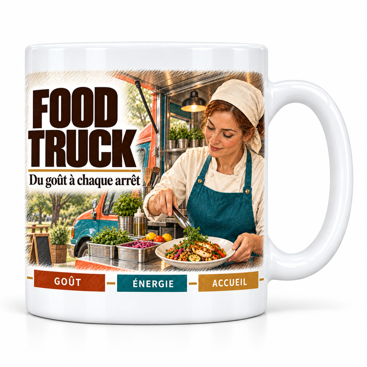 Mug céramique blanc Restauratrice food truck : la restauratrice en foulard et tablier bleu canard qui dresse une assiette dans le camion, devise Du goût à chaque arrêt, cartouches Goût, Énergie, Accueil