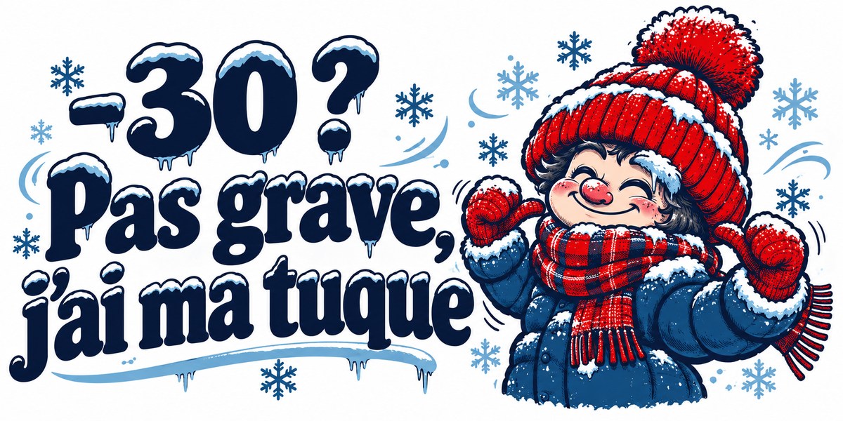 Visuel du mug « -30 ? Pas grave, j’ai ma tuque », illustration rétro d'hiver québécois en bleu nuit et rouge