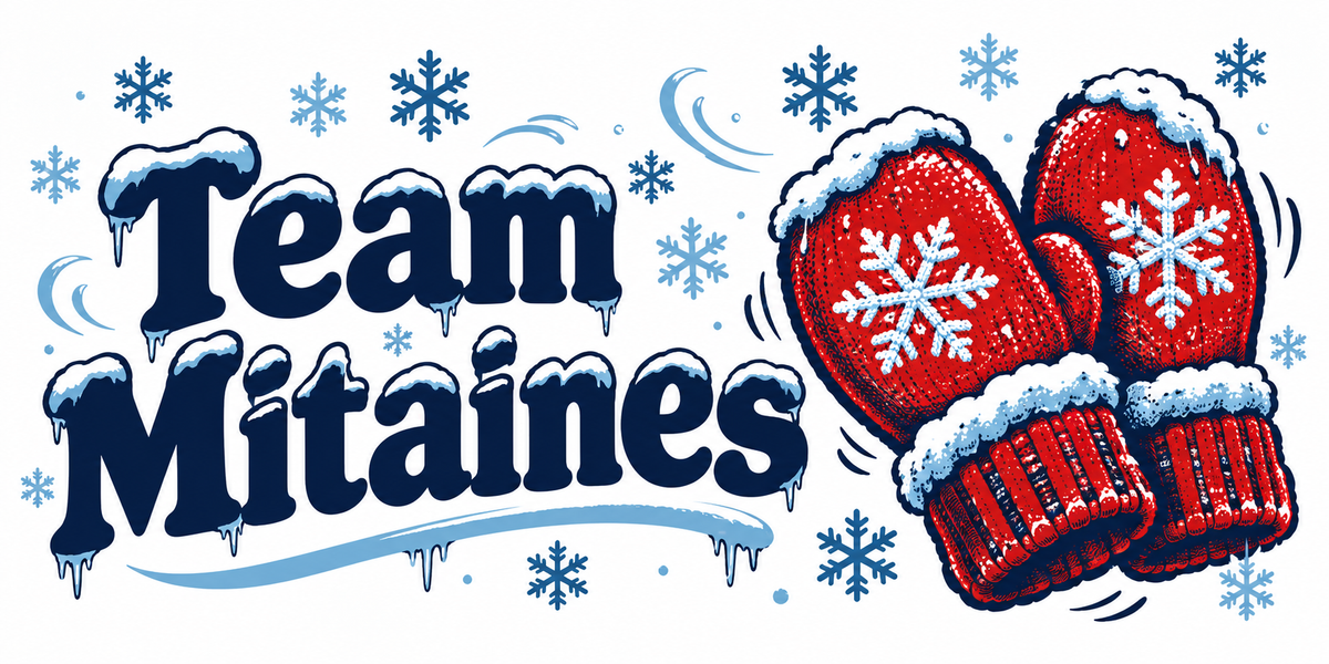 Visuel du mug « Team Mitaines », illustration rétro d'hiver québécois en bleu nuit et rouge