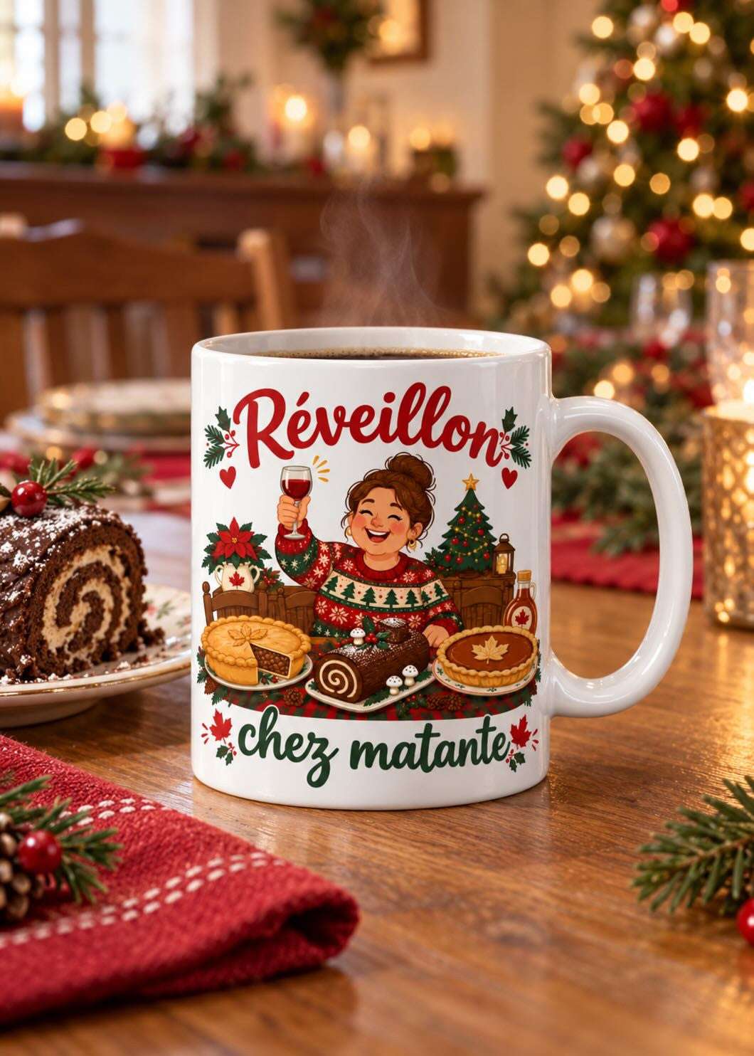 Mug « Réveillon chez matante » en situation, décor chaleureux des Fêtes