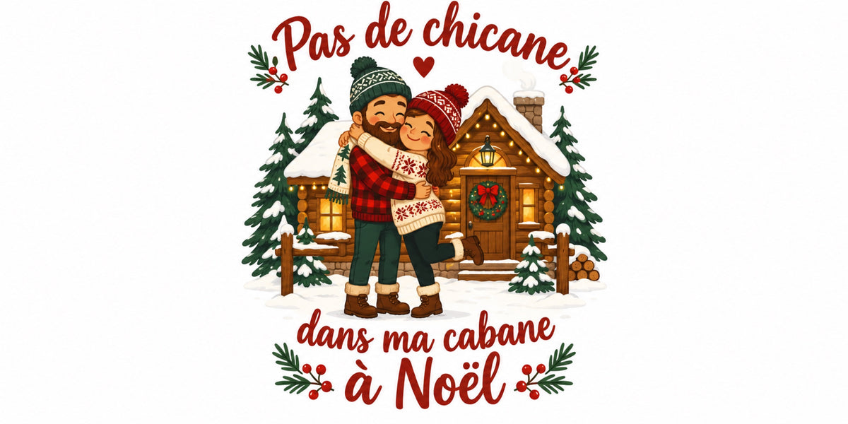 Visuel du mug « Pas de chicane dans ma cabane à Noël », illustration de Noël québécois