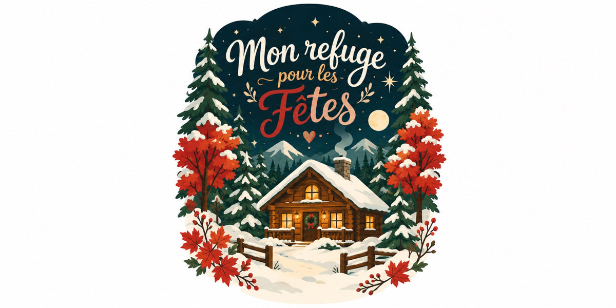 Visuel du mug « Mon refuge pour les Fêtes », illustration de Noël québécois