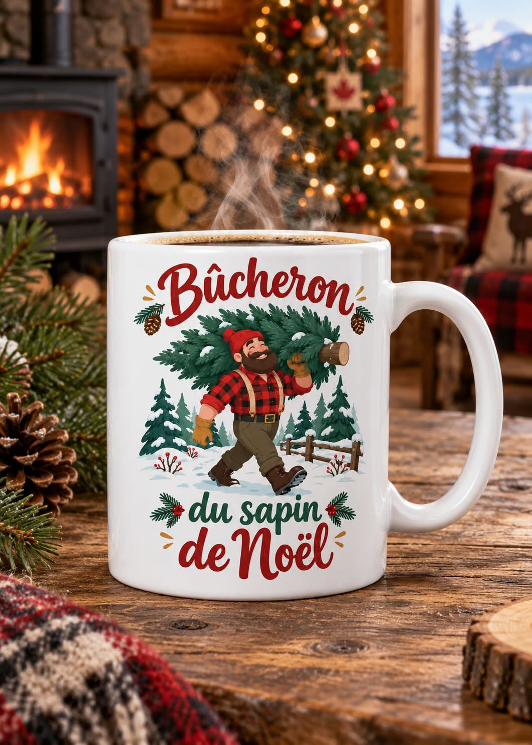 Mug « Bûcheron du sapin de Noël » en situation, décor chaleureux des Fêtes