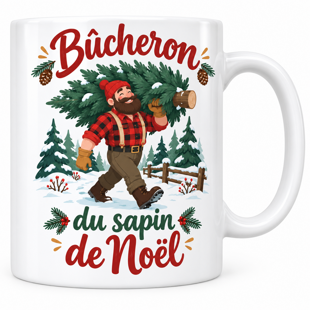 Mug blanc céramique Noël québécois « Bûcheron du sapin de Noël » : un bûcheron barbu en chemise à carreaux et tuque rapporte fièrement son sapin fraîchement coupé à travers la neige