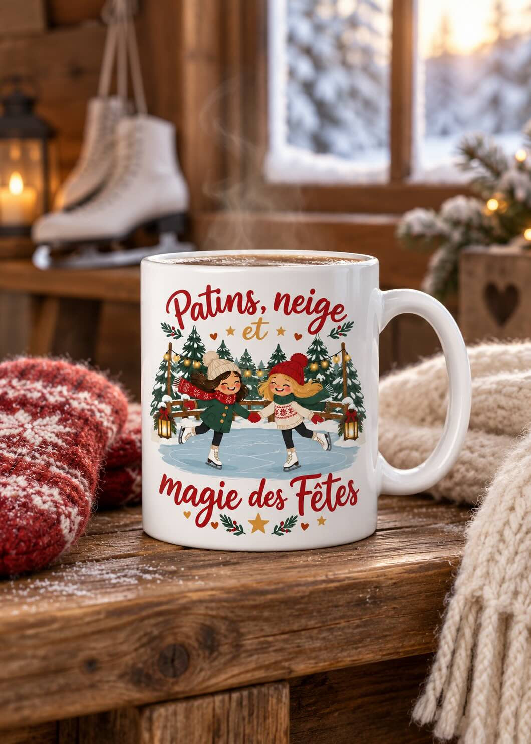 Mug « Patins, neige et magie des Fêtes » en situation, décor chaleureux des Fêtes
