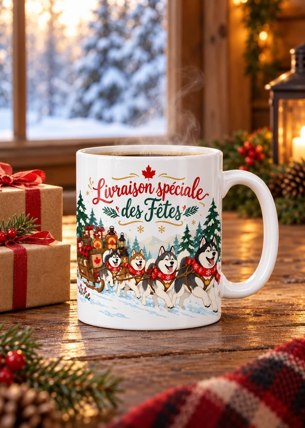 Mug « Livraison spéciale des Fêtes » en situation, décor chaleureux des Fêtes