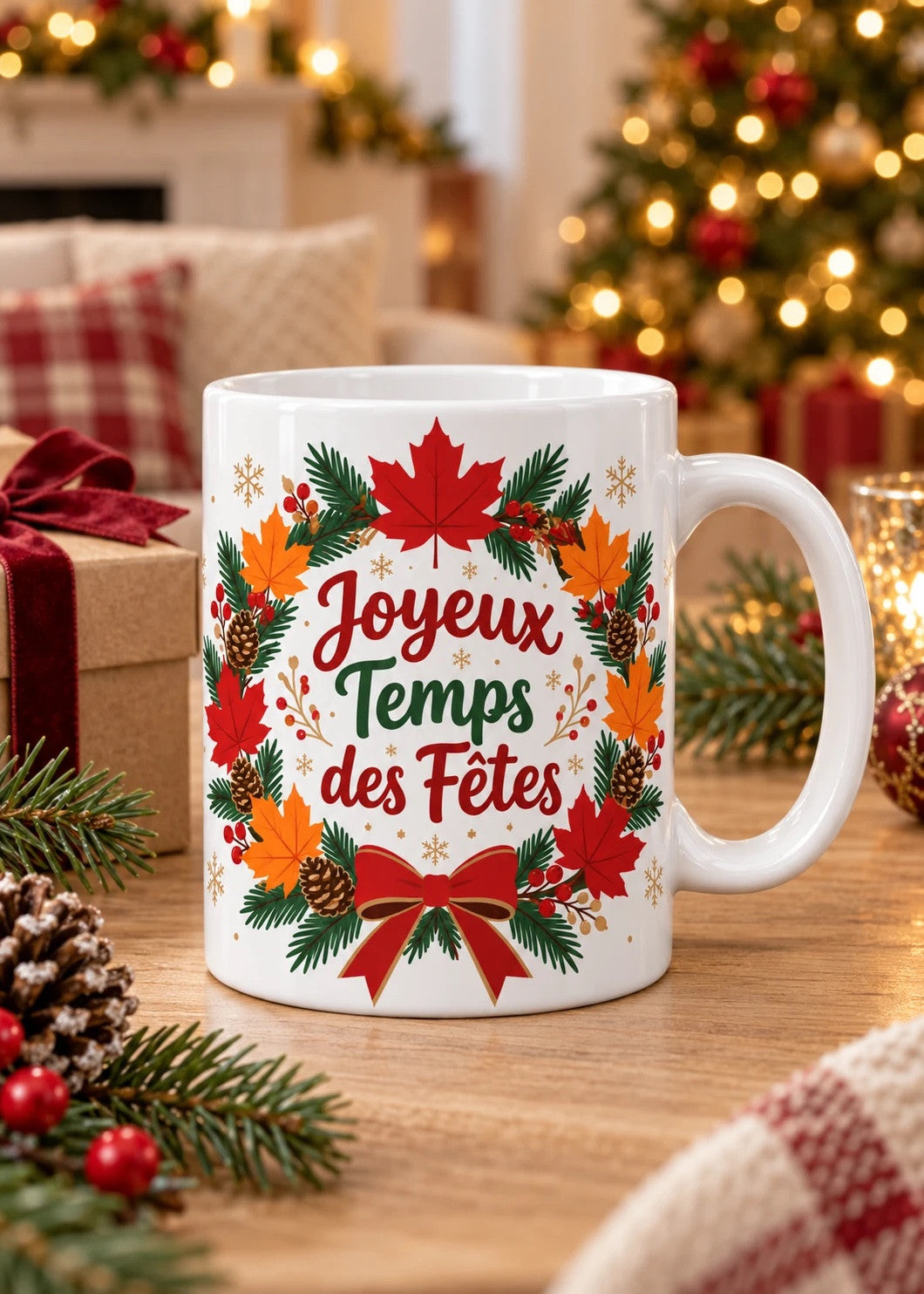 Mug « Joyeux Temps des Fêtes » en situation, décor chaleureux des Fêtes
