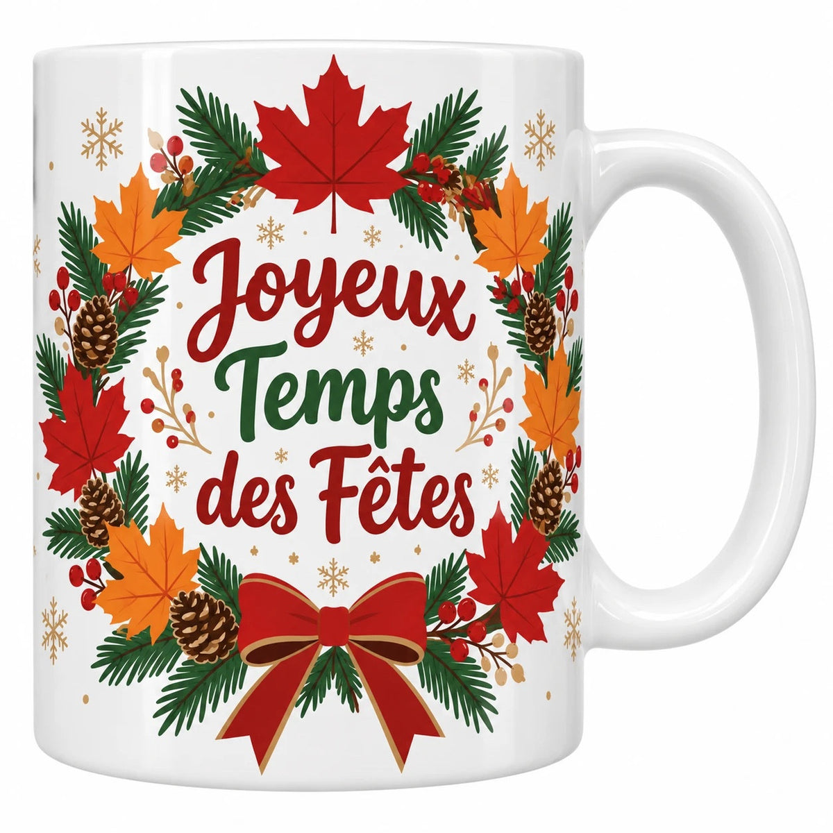 Mug blanc céramique Noël québécois « Joyeux Temps des Fêtes » : une couronne de Noël faite de branches de sapin, de feuilles d'érable rouges et orangées, de pommes de pin et de baies, nouée d'un grand ruban rouge