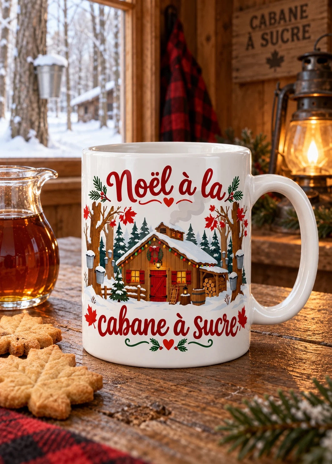 Mug « Noël à la cabane à sucre » en situation, décor chaleureux des Fêtes