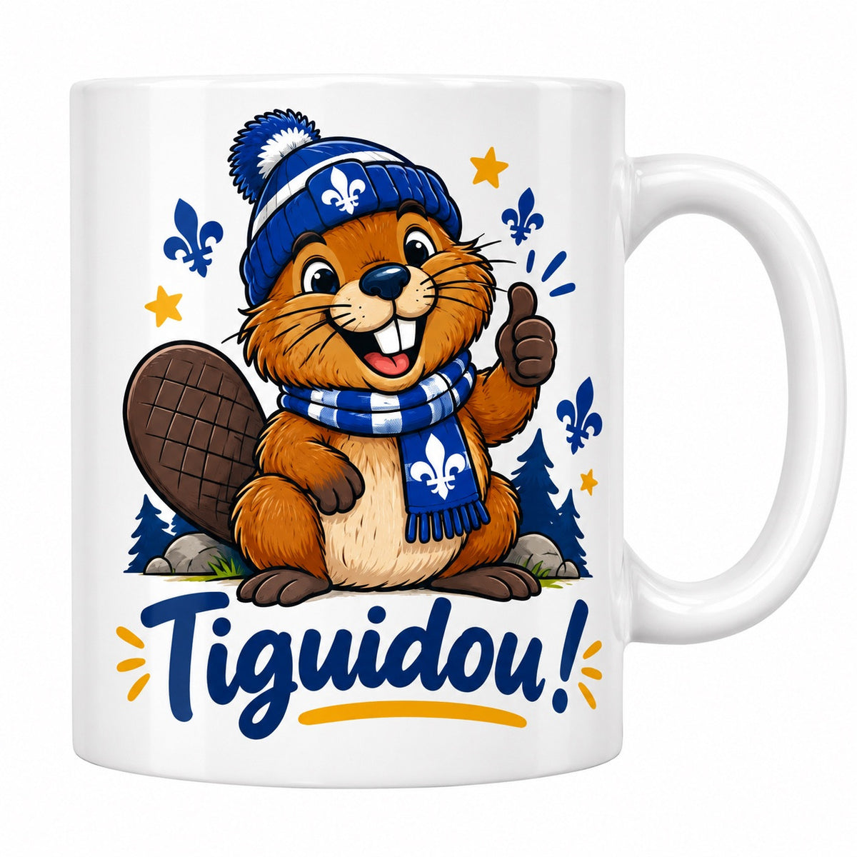 Mug blanc céramique Expression québécoise « Tiguidou ! » : un castor tout sourire, tuque et foulard bleus à fleurs de lys, lève le pouce au milieu des fleurs de lys et des étoiles dorées