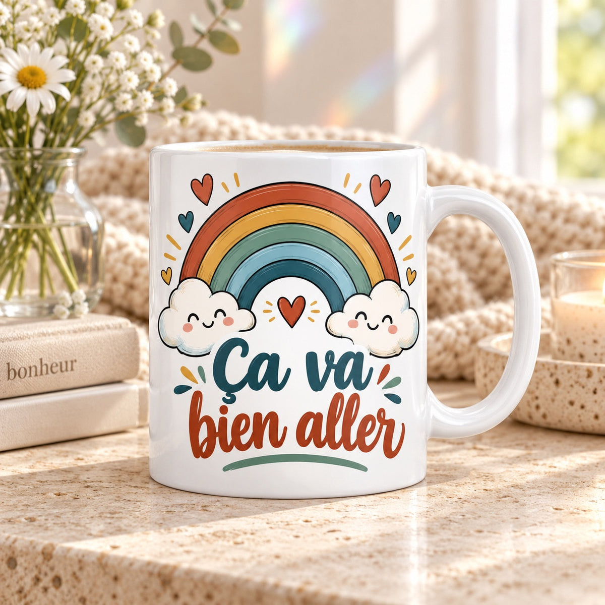 Mug « Ça va bien aller » en situation, mise en scène