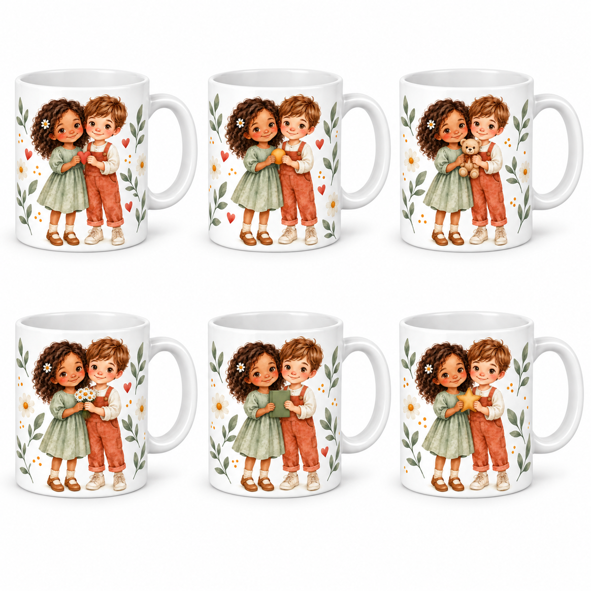 Lot de 6 mugs Enfants aquarelle, deux enfants et feuillages