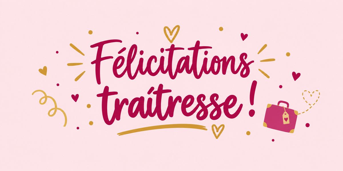 Visuel typographique framboise et doré Félicitations traîtresse ! avec valise et cœurs
