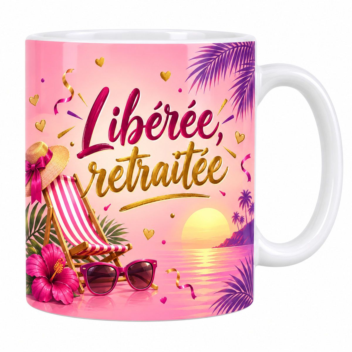 Mug blanc Libérée, Retraitée : transat rayé rose, hibiscus, lunettes de soleil et coucher de soleil sur fond rose