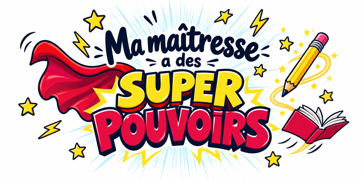 Visuel illustré cape rouge, crayon et livre avec le texte Ma maîtresse a des super pouvoirs